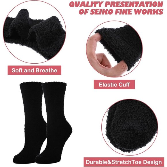 Women Fuzzy Socks Cozy Fluffy Winter Warm Slipper Microfiber Soft Sleep Black - Picture 6 of 6
